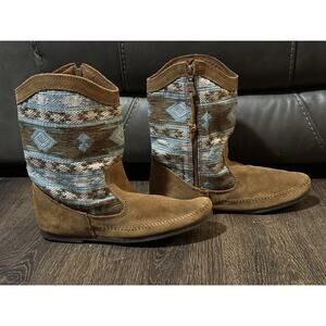 MINNETONKA Baja Moccasin Boot Brown Suede w/ Blue AZTEC WESTERN Sz 10